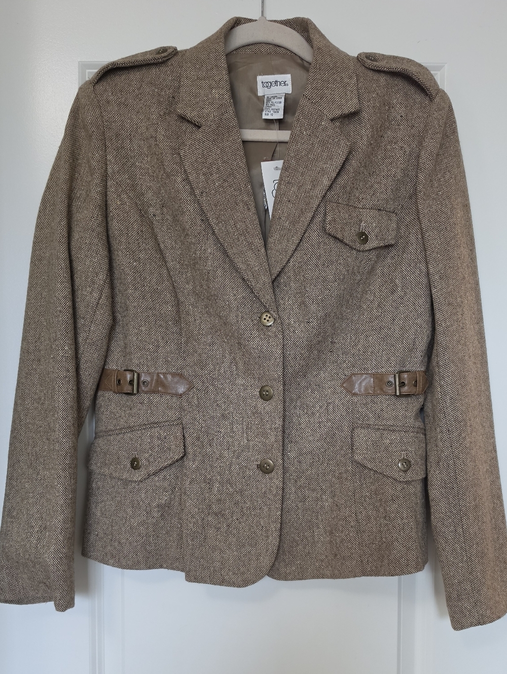 Together Wool Blend Belted Blazer Jacket Size 10 Neutral Tweed Utility Style